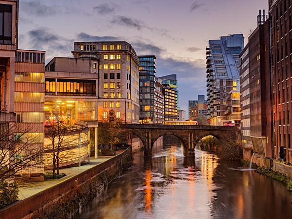 manchester city centre at dusk